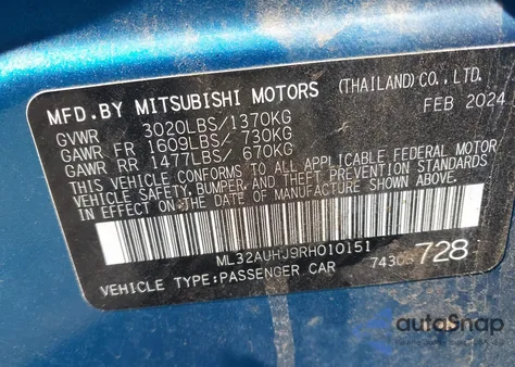 2024 Mitsubishi Mirage Es/Le z USA, uszkodzony, nr VIN ML32AUHJ9RH010151